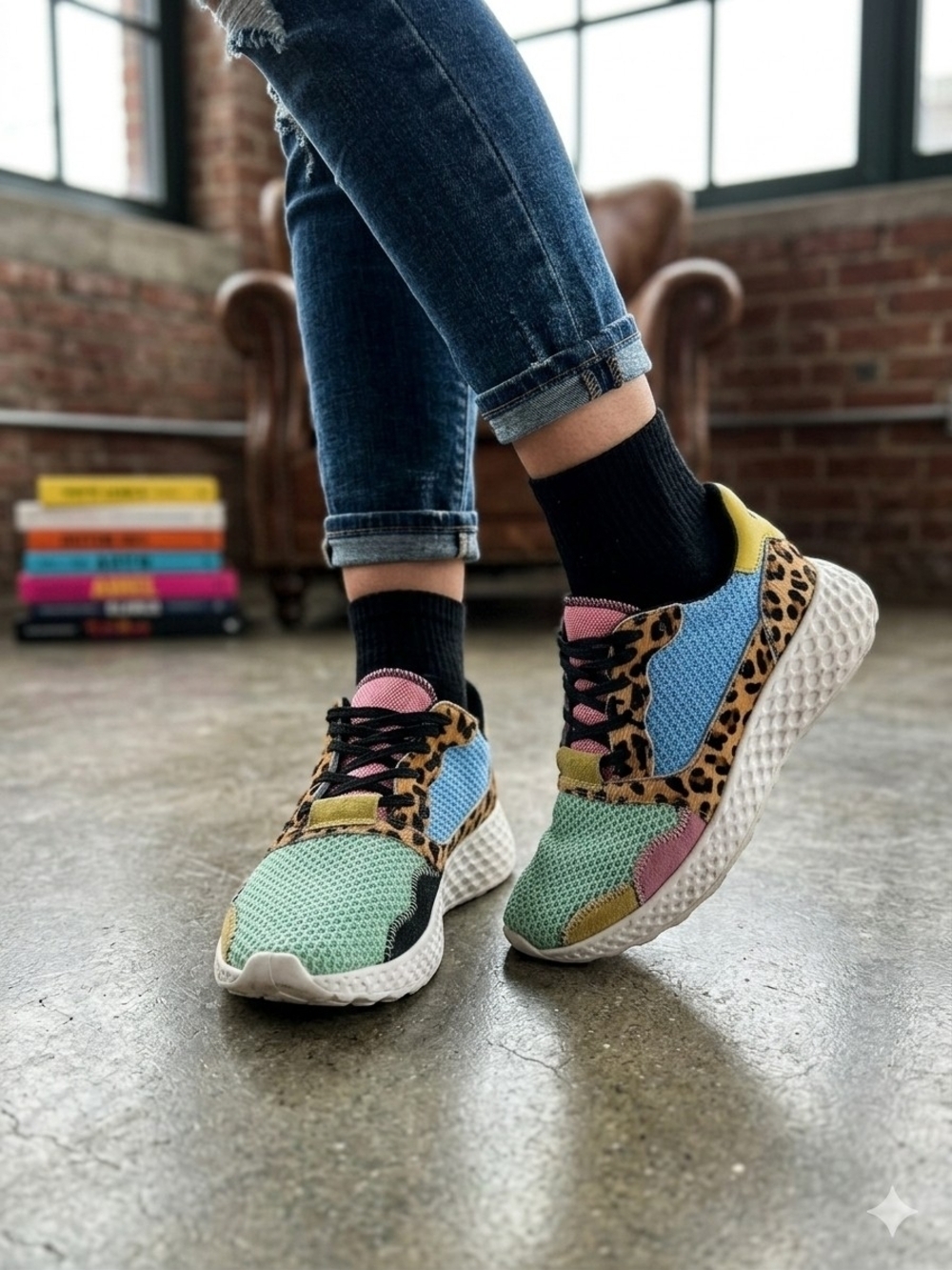 Steve Madden Verdict Leopard Multi Colorblock Knit Sneakers Women's Size 8.5